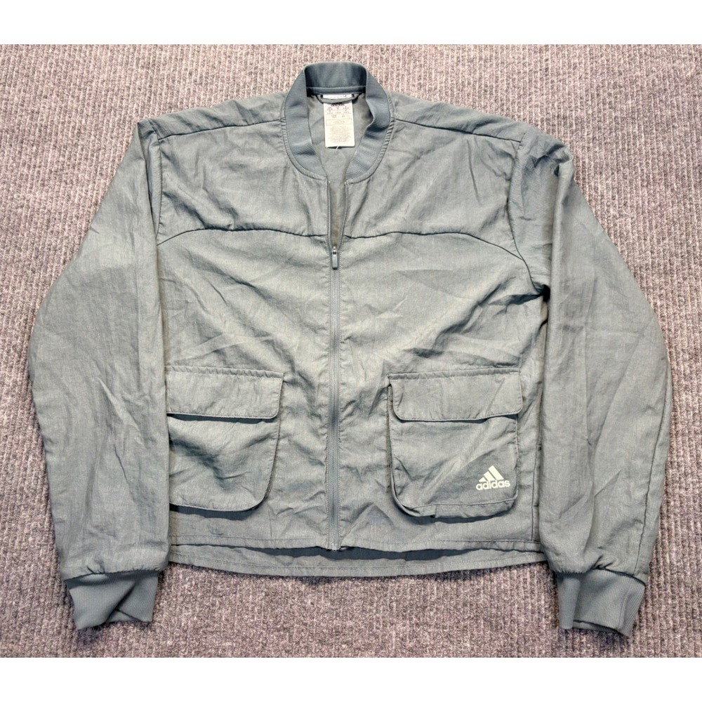 Adidas Womens sage green Full Zip Bomber Jacket Cargo Pockets Zebra Logo Small